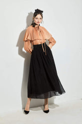 High-Waisted A-Line Organza Dress with Sheer Skirt and Long Sleeve Pleated Bodice